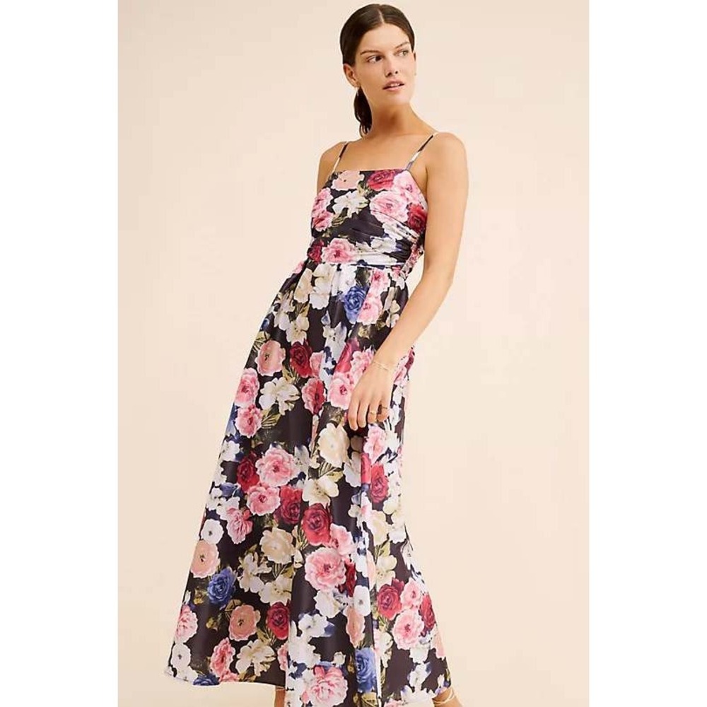 If By Sea A-Line Floral Maxi Dress Size M Black Pink Rose Ruched CD1791N